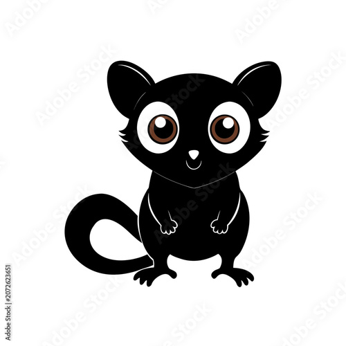 Cartoonish black lemur with big brown eyes on transparent background