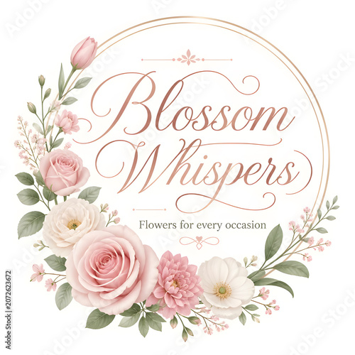 Fashion: A brand name for a flower shop that sells beautiful and fresh flowers. The logo design should have a floral and elegant theme, with the name in large and cursive letters and the tagline ‘Flow