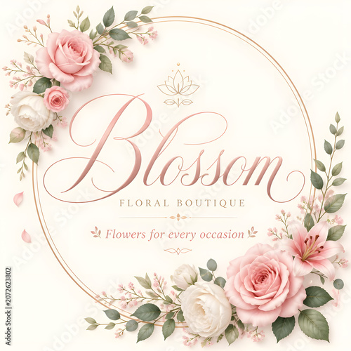 Fashion: A brand name for a flower shop that sells beautiful and fresh flowers. The logo design should have a floral and elegant theme, with the name in large and cursive letters and the tagline ‘Flow
