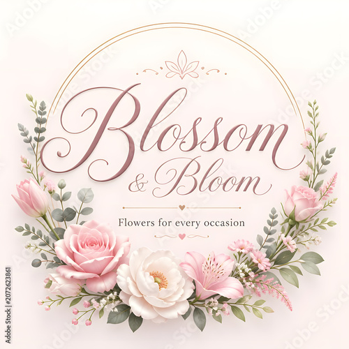 Fashion: A brand name for a flower shop that sells beautiful and fresh flowers. The logo design should have a floral and elegant theme, with the name in large and cursive letters and the tagline ‘Flow