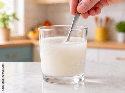 Person Stirring White Liquid Supplement in Glass on Kitchen Counter