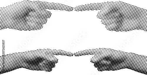 Tableau sur toile Four hands pointing inward with halftone effect isolated on white background