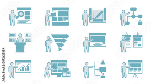 Professional business presentation blue icons.