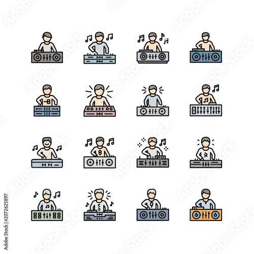 Professional DJ and music performer flat icon set