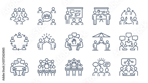 Professional meeting and group workshop collaboration icons.