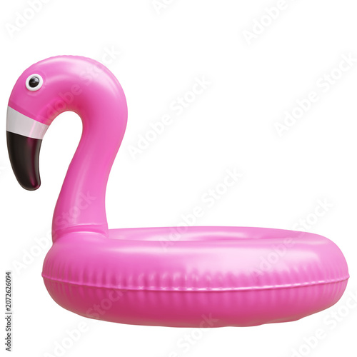 Pink inflatable flamingo pool float toy isolated on white, transparent, summer vacation swimming
