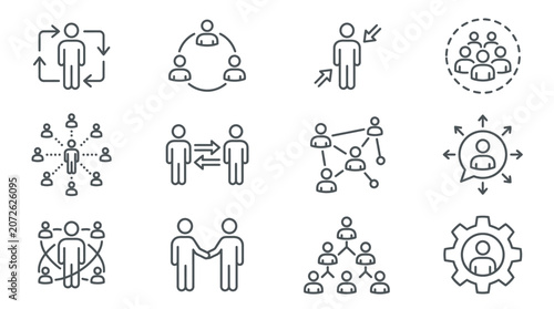 Professional networking and organizational teamwork line icon set