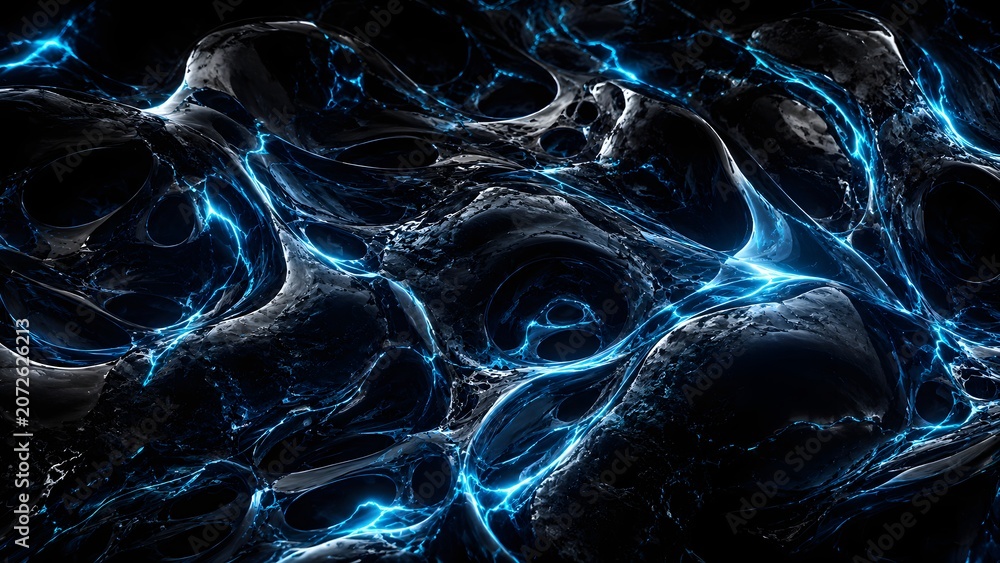 Obraz premium Luxury Black Chrome Abstract Technology Background with Neon Energy Veins and AI Innovation Aesthetic
