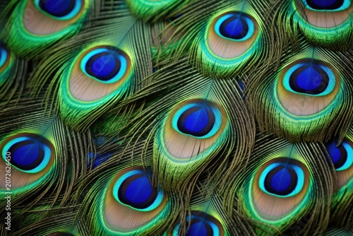 Close-up of colorful bird feather pattern with multiple eye-like spots in green, blue, and gold