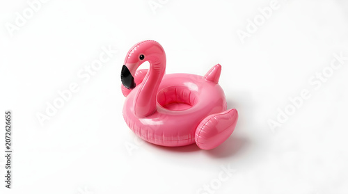 Small pink inflatable flamingo drink holder isolated on a white background.