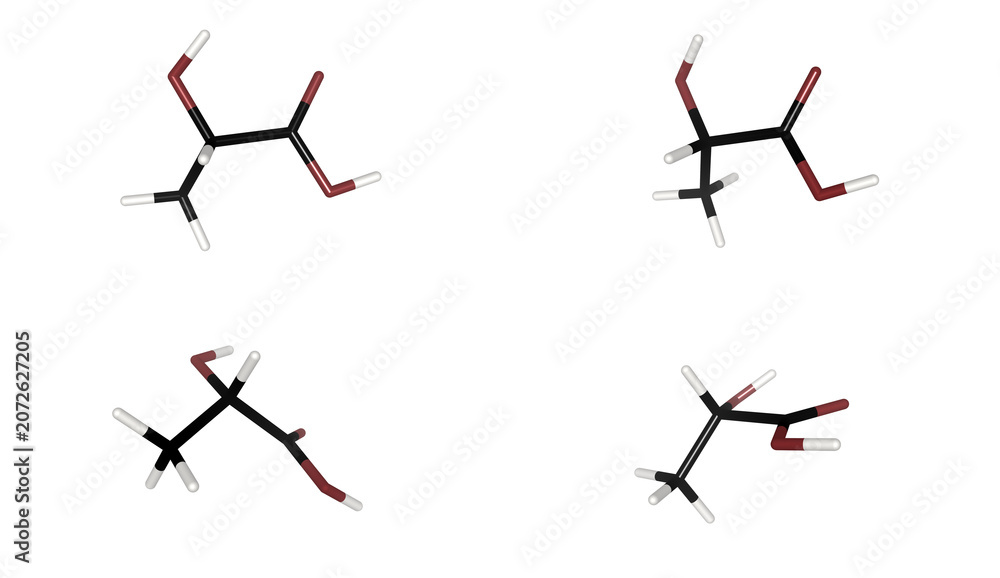 Fotografie 3D Render Lactic Acid Molecular Structure C3H6O3 Molecule Chemical Formula Scien