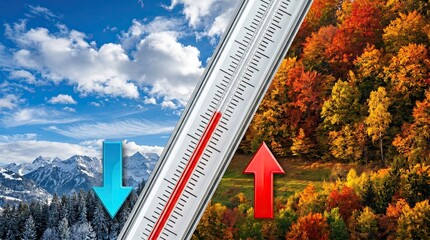 Seasonal temperature changes indicated by thermometer with winter and autumn landscapes