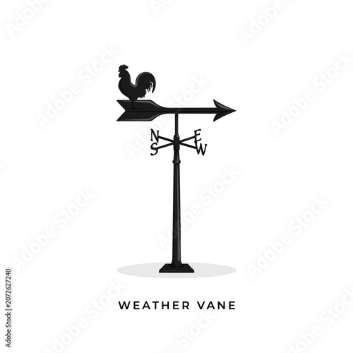 Fotografi Detailed black metal weather vane with a rooster figure, directional arrow, and