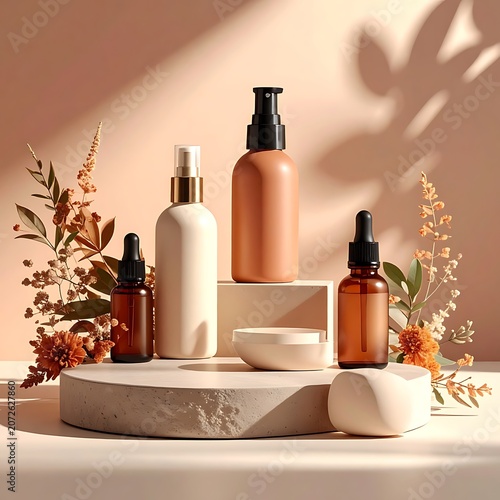 A serene arrangement of skincare products on a stone platform