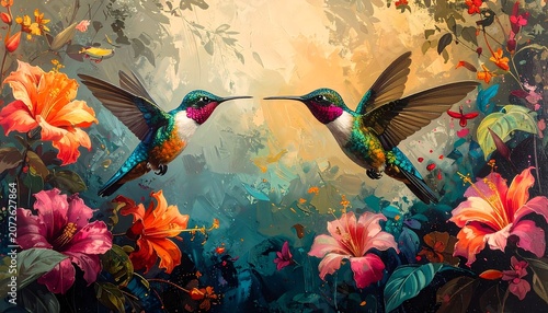 Two hummingbirds in flight amidst vibrant flowers and foliage