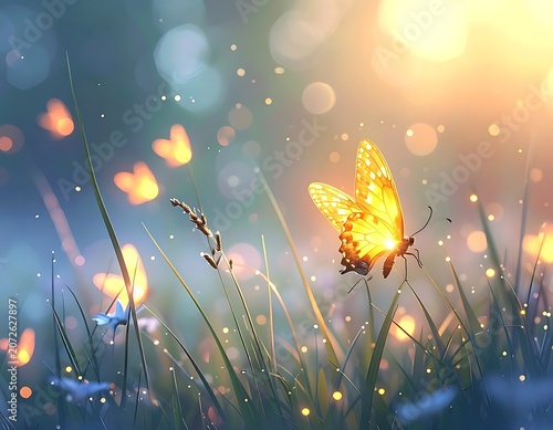 A serene butterfly amidst glowing grass and bokeh lights
