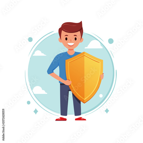 Man holding golden shield, flat vector illustration