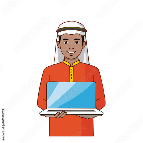 Man in traditional clothing holding a laptop