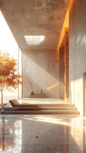 A serene interior with natural light and autumnal hues