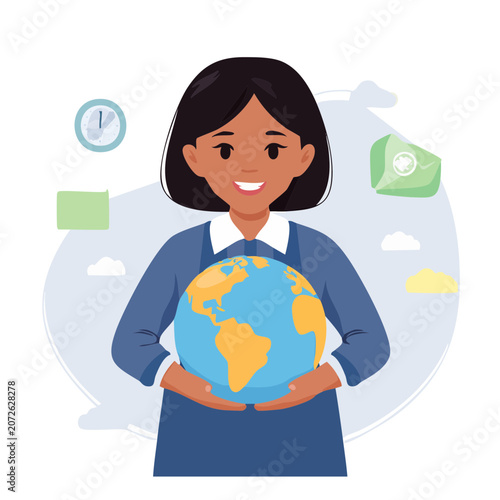 Woman holding globe with time and finance icons