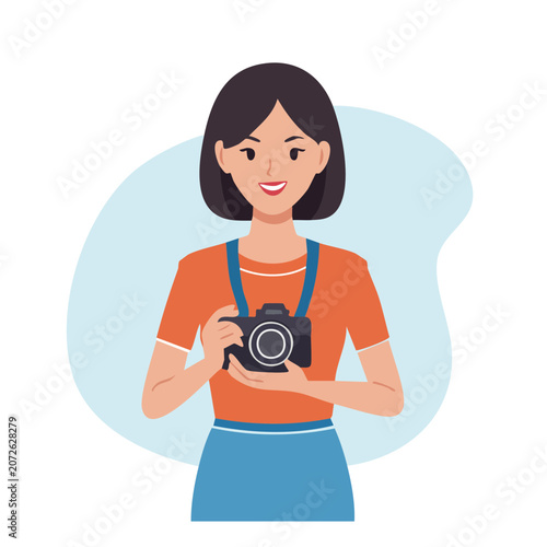 Woman holding camera flat vector illustration