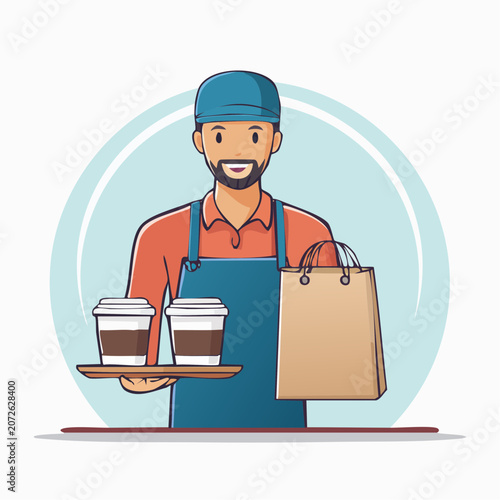 Barista holding coffee cups and shopping bag