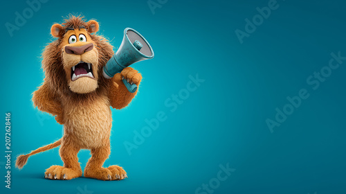 A cute lion excitedly speaks into a large megaphone
