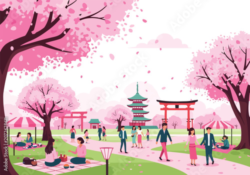 A vibrant park scene with cherry blossoms and people