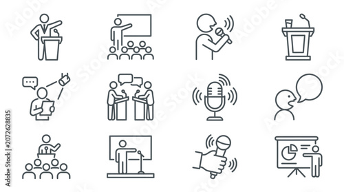Public speaking and business presentation icons.