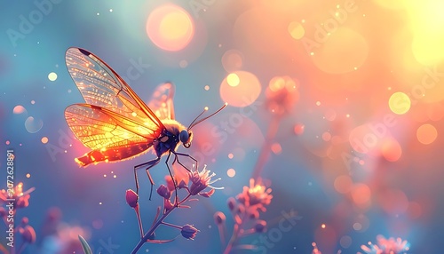 A vibrant butterfly perches on a flower amidst a colorful bokeh background
