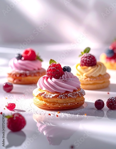 Delicious pastries with berries and cream