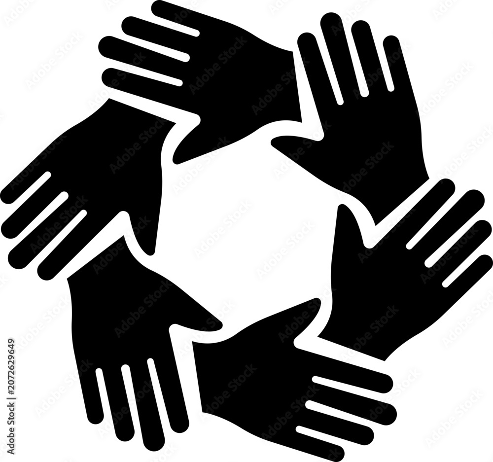 Fototapeta premium Community Support Unity Hands Icon, Teamwork Cooperation Collaboration Partnership Symbols Bundle, Black Flat and Line Style Vector Pack, Volunteer Network Design