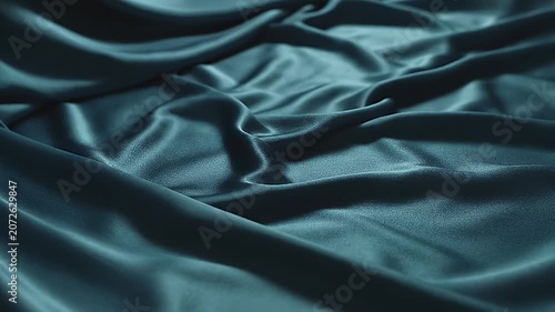 Close-up of luxurious dark teal satin fabric with elegant folds and soft ripples, creating a serene and sophisticated background texture.