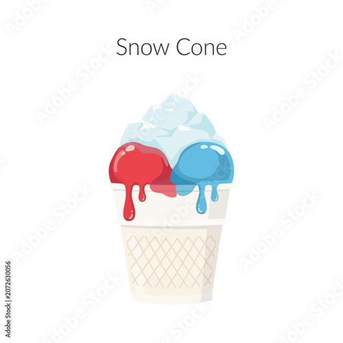 Refreshing snow cone with red and blue syrup drips in a cup isolated on a white background, for summer party, and holiday celebration theme