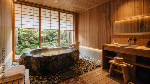 Luxurious Japanese Zen Bathroom with Natural Stone Bathtub and Tranquil Indoor Garden View