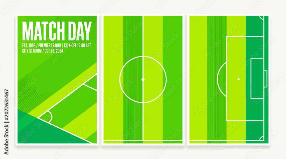 Fototapeta premium Vibrant match day poster design with lime green soccer field elements across a three-panel layout