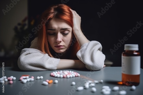 Sad young woman with red hair resting her head on her hand at a table covered with scattered pills; a medicine bottle stands nearby in a dark room
