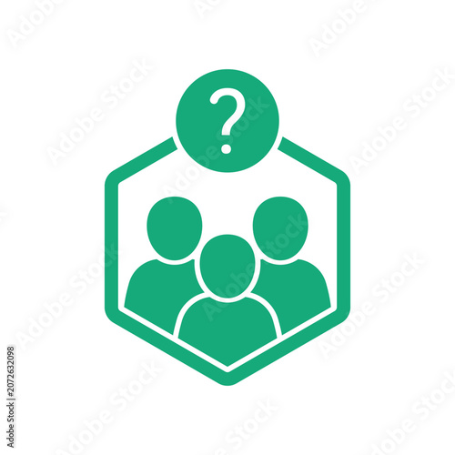 green crowd of people with big question mark icon. concept of query human resources information and support or inspection. flat trend brainstorming logotype graphic design element isolated on white