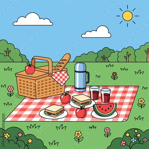 A vibrant picnic scene with a basket, food, and drinks on a blanket