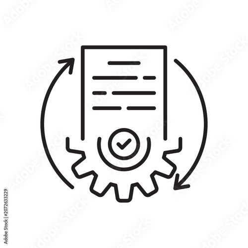 doc with gear icon like approved document flow. concept of paperwork regulatory process or checklist order. linear modern business efficiency logotype graphic stroke digital design isolated on white