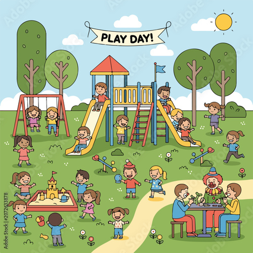 A vibrant playground scene with children playing on equipment