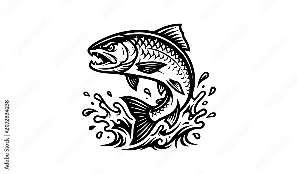 Obraz premium Jumping Fish Illustration with Water Splash in Vintage Engraving Tattoo Style