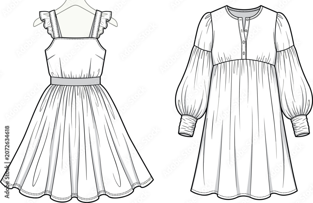 Fototapeta premium Technical fashion design sketches of women’s dresses featuring a ruffled sleeve dress and a button front dress
