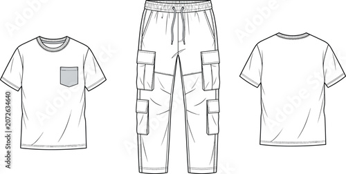 Fotografía Technical fashion design sketches of a men’s casual outfit featuring a pocket t-