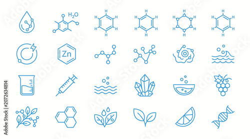Blue line art icons set for water science, chemistry, and sustainability themes including water drops, molecules, lab gear, and environmental symbols