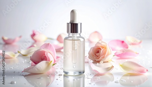 Skincare product with rose petals background.