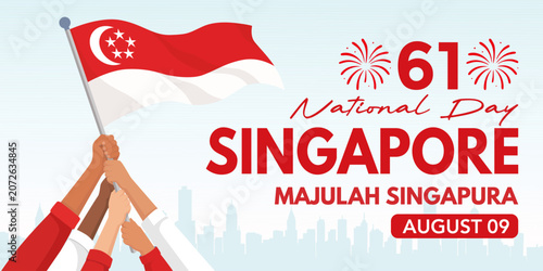 Foto National Day Singapore banner design featuring the national flag, fireworks, and iconic city skyline
