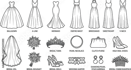 Bild auf Leinwand Set of bridal wedding dress silhouettes and fashion accessories, flat line art i