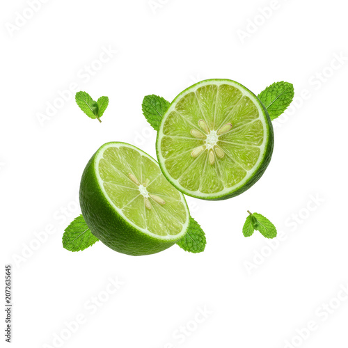 Fresh Halved Green Lime and Mint Leaves Floating Isolated on a Transparent Background