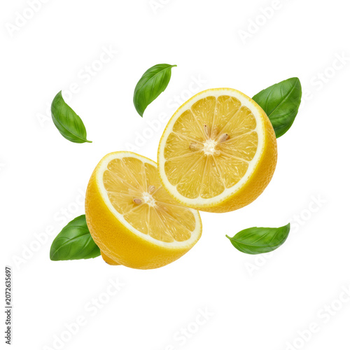 Fresh Halved Yellow Lemon and Green Basil Leaves Floating Isolated on a Transparent Background